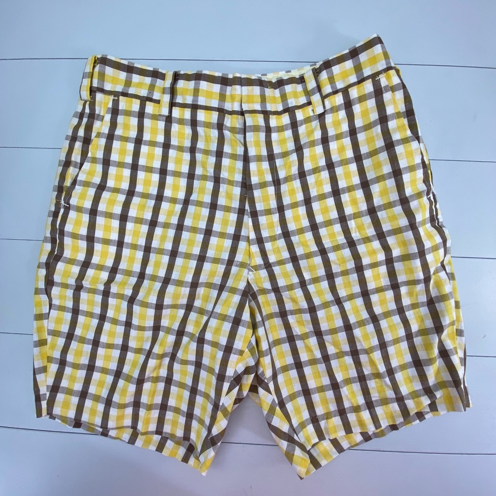 VTG 60s Mod Plaid Shorts Mens 36 Yellow Brown Gingham Check Metal Zip Retro Golf